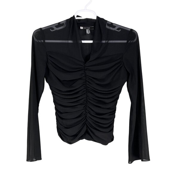 JS Boutique Womens 8 Ruched Black Long Bell Sleeve Blouse Coquette Vampy Top - Picture 7 of 16